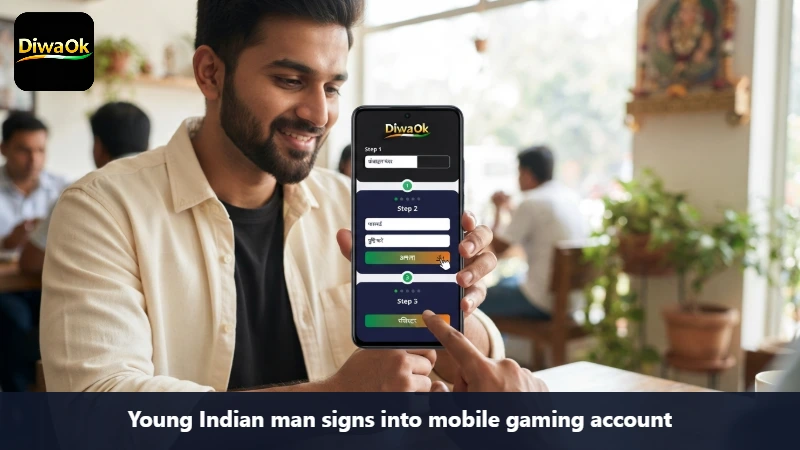 Young Indian man signs into mobile gaming account