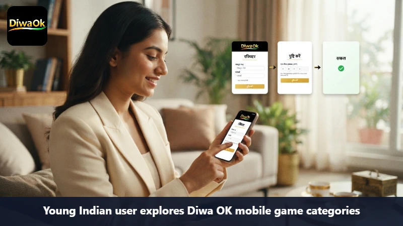 Young Indian user explores Diwa OK mobile game categories